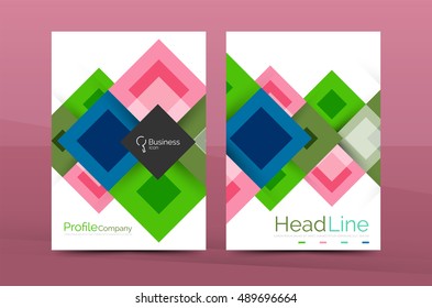 Set of front and back a4 size pages, business annual report design templates. Geometric square shapes backgrounds. Vector illustration