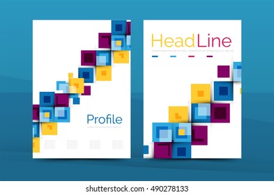 Set of front and back a4 size pages, business annual report design templates. Geometric square shapes backgrounds. Vector illustration