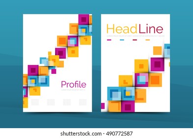 Set of front and back a4 size pages, business annual report design templates. Geometric square shapes backgrounds. Vector illustration