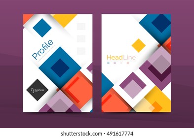 Set of front and back a4 size pages, business annual report design templates. Geometric square shapes backgrounds. Vector illustration