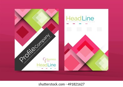 Set of front and back a4 size pages, business annual report design templates. Geometric square shapes backgrounds. Vector illustration