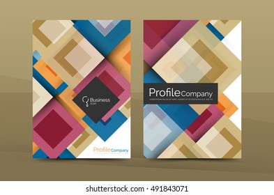 Set of front and back a4 size pages, business annual report design templates. Geometric square shapes backgrounds. Vector illustration