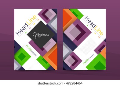 Set of front and back a4 size pages, business annual report design templates. Geometric square shapes backgrounds. Vector illustration