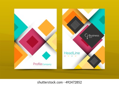 Conjunto de páginas de tamanho a4 frontais e traseiras, modelos de design de relatório anual de negócios. Quadrados geométricos formam fundos. Ilustração vetorial