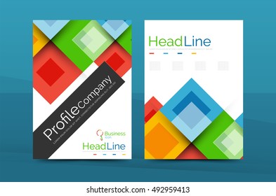 Set of front and back a4 size pages, business annual report design templates. Geometric square shapes backgrounds. Vector illustration