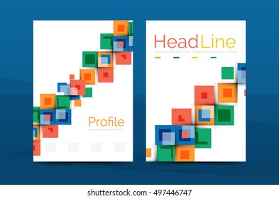 Set of front and back a4 size pages, business annual report design templates. Geometric square shapes backgrounds. Vector illustration
