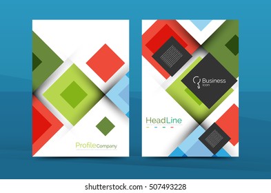Set of front and back a4 size pages, business annual report design templates. Geometric square shapes backgrounds. Vector illustration