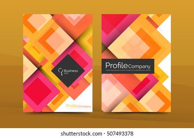 Set of front and back a4 size pages, business annual report design templates. Geometric square shapes backgrounds. Vector illustration