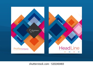 Set of front and back a4 size pages, business annual report design templates. Geometric square shapes backgrounds. Vector illustration