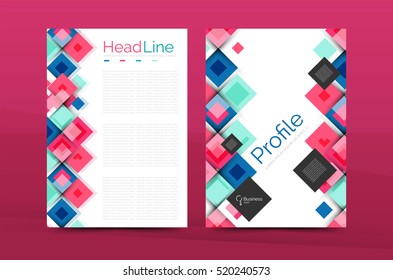 Set of front and back a4 size pages, business annual report design templates. Geometric square shapes backgrounds. Vector illustration