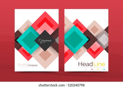 Set of front and back a4 size pages, business annual report design templates. Geometric square shapes backgrounds. Vector illustration