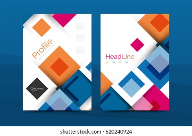 Set of front and back a4 size pages, business annual report design templates. Geometric square shapes backgrounds. Vector illustration