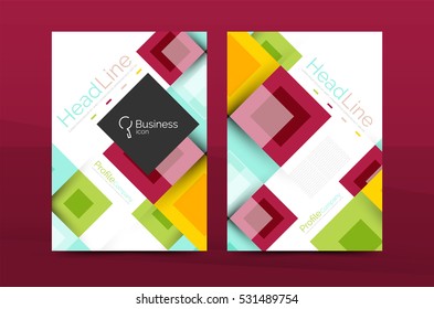 Set of front and back a4 size pages, business annual report design templates. Geometric square shapes backgrounds. Vector illustration