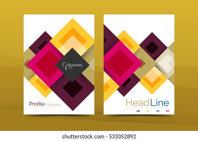 Set of front and back a4 size pages, business annual report design templates. Geometric square shapes backgrounds. Vector illustration