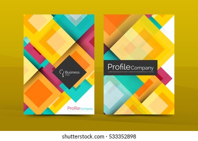 Set of front and back a4 size pages, business annual report design templates. Geometric square shapes backgrounds. Vector illustration