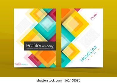 Set of front and back a4 size pages, business annual report design templates. Geometric square shapes backgrounds. Vector illustration
