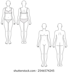 Set of front and back view female body vector illustration.