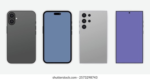 Set of front and back view smartphone mockups. Cellphone frame with blue background screen isolated templates. Mobile device mockups for presentation template. 
