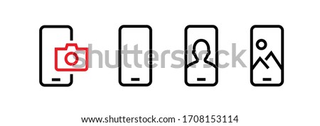 Set of Front, Blank, Selfie, Vertical Phone Multi-Cameras icons. Editable line vector. Modern smartphone with a red camera, empty, clean, portrait and landscape. Group pictogram.