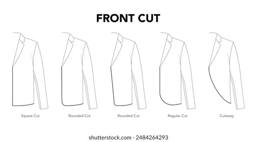 Set of Front Cut Jacket Top details - Square, Rounded Cutaway Regular styles technical fashion illustration. Flat apparel template front view. Women, men unisex CAD mockup isolated