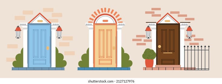 Set of front door. Collection of elements for website design. Entrance facades of houses and buildings, neighbors and city or town street. Local architecture. Cartoon flat vector illustration