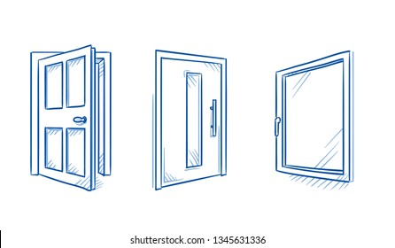 Set of front door, room door and window. Items of traditional and modern interior design Hand drawn line art cartoon vector illustration.