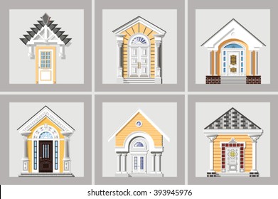 set of front doors of different designs isolated on a gray background