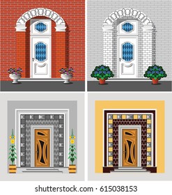 Set of front doors of different designs decorated with potted plants
