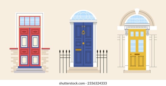 Set of front doors. Exterior and facade for home or house. Real estate and private property. Entrance to cottage, townhouse and home. Cartoon flat vector collection isolated on beige background