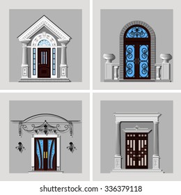 set of front doors isolated on gray background