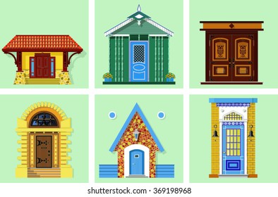 set of front doors isolated on green background