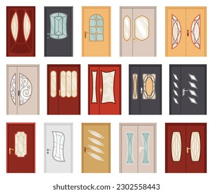 Set of front doors. Various closed entrance house in different modern flat design. Decorative elements isolated on white background. Vector illustration
