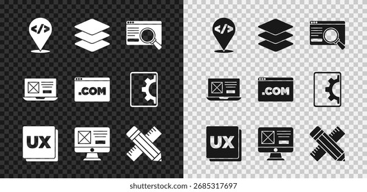 Definir Desenvolvimento de front-end, Camadas, design de UI ou UX, régua cruzada e lápis e ícone. Vetor