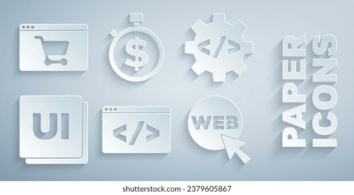 Set Front end development, UI or UX design, Web and graphic, Time is money and Online shopping screen icon. Vector