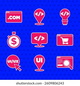 Set Front end development, UI or UX design, Online shopping screen, Time is money,  and  icon. Vector