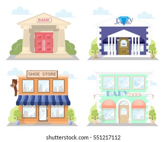 Set of front facade buildings: bank, baby shop, shoe story and jewelry with a sign, awning and symbol in shopwindow. Abstract image in a flat design. Vector illustration isolated on white background