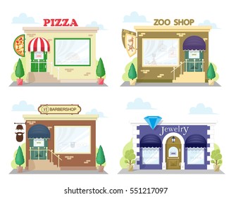 Set of front facade buildings: cafe pizzeria, zoo shop, barber shop and jewelry with a sign and symbol in shopwindow. Abstract image in a flat design. Vector illustration isolated on white background