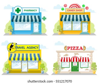 Set of front facade buildings: candy shop, travel agency, pizzeria and pharmacy with a sign and symbol in shopwindow. Abstract image in a flat design. Vector illustration isolated on white background