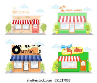 Set of front facade buildings: music store, cafe, toy store and travel agency with a sign and symbol in shopwindow. Abstract image in a flat design. Vector illustration isolated on white background