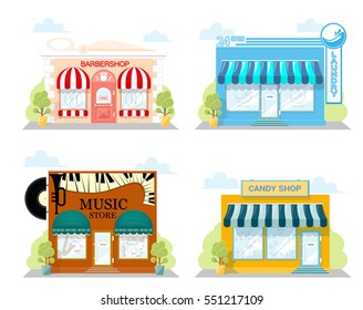 Set Of Front Facade Buildings: Music Store, Cafe, Laundry And Candy Shop With A Sign, Awning And Symbol In Shopwindow. Abstract Image In A Flat Design. Vector Illustration Isolated On White Background