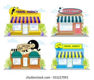 Set of front facade buildings: pets shop, music store and travel agency with a sign, awning and symbol in shopwindow. Abstract image in a flat design. Vector illustration isolated on white background