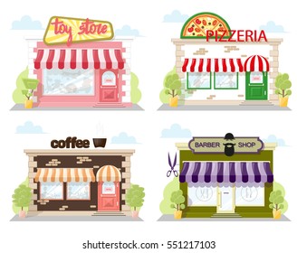 Set of front facade buildings: toy store, cafe pizzeria and barber shop with a sign, awning and symbol in shopwindow. Abstract image in a flat design. Vector illustration isolated on white background