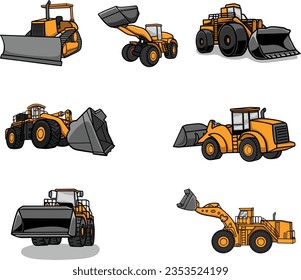 Set of front loader heavy with view from front, rear, side. Heavy machinery for construction and mining vector illustration.