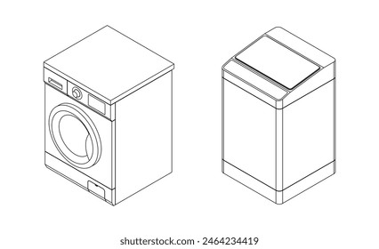 Set of front loading and top loading washing machine. Home appliances. 3D isometric illustration. Line style. Editable vector for poster, presentation, infographic, website, apps, and other uses.