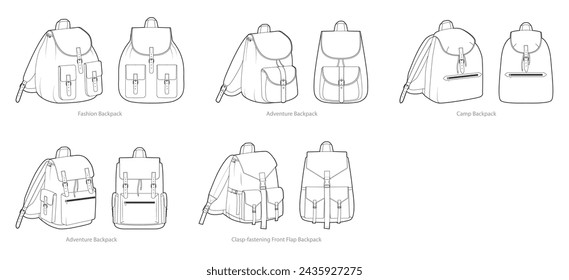 Set of Front Top Flap backpacks Adventure Camp silhouette bag. Fashion accessory technical illustration. Vector schoolbag front 3-4 view for Men, women, unisex style, flat handbag CAD mockup isolated