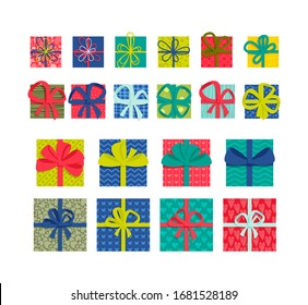 Set of a front and top view flat colorful gift boxes with ribbons and bows on a white background. Easy to use and a one-click recolor holiday vector design.