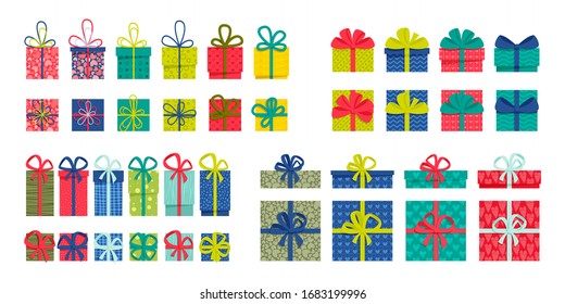 Set of a front and top view flat colorful gift boxes with ribbons and bows on a white background. Easy to use and a one-click recolor vector design.