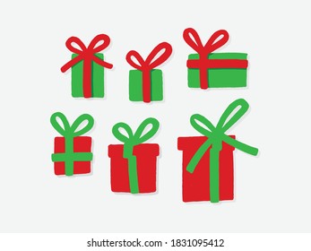 Set of a front and top view flat colorful gift boxes with ribbons and bows on a white background. Easy to use and a one-click recolor holiday vector design.