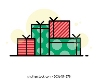 Set of a front and top view flat colorful gift boxes with ribbons and bows on a white background. Easy to use and a one-click recolor holiday vector design.	