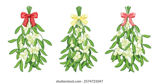 
Set of front view mistletoe branches in cartoon style.Vector illustration of mistletoe branch with leaves, berries,red,yellow,pink bows isolated on white background. Traditional Christmas decoration.